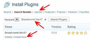 Search and install the breadcrumb plugin in WordPress